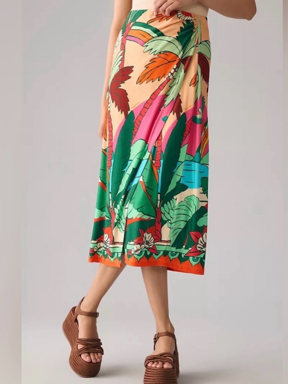 Farm Rio Colorful Tropical Sarong Wrap Midi Skirt - Bold Leaf Print